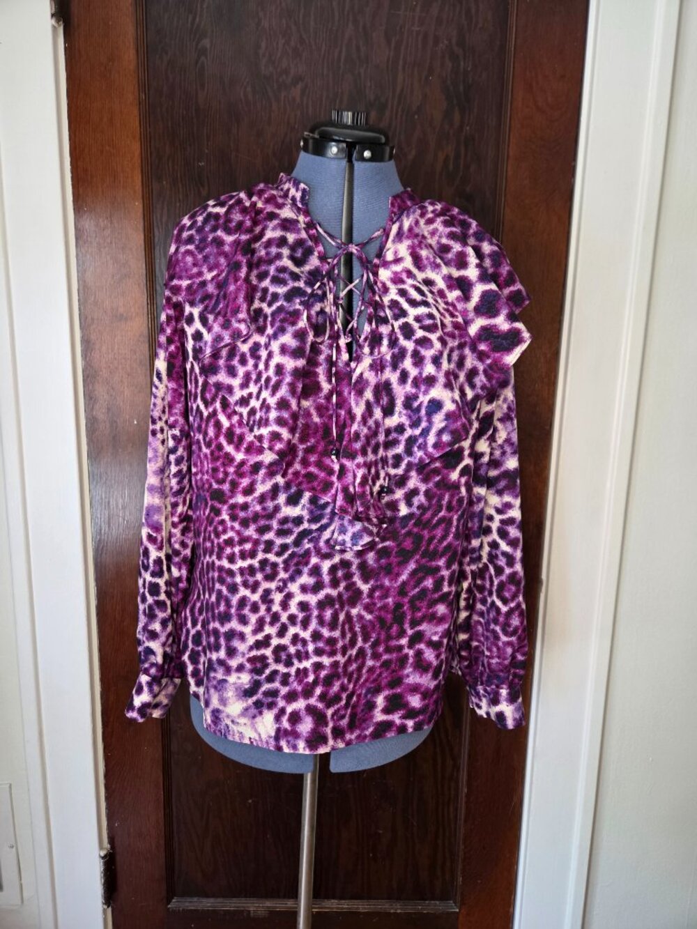 Anne Klein Purple Cheetah Print Ruffle Lace Up Long Sleeve Blouse